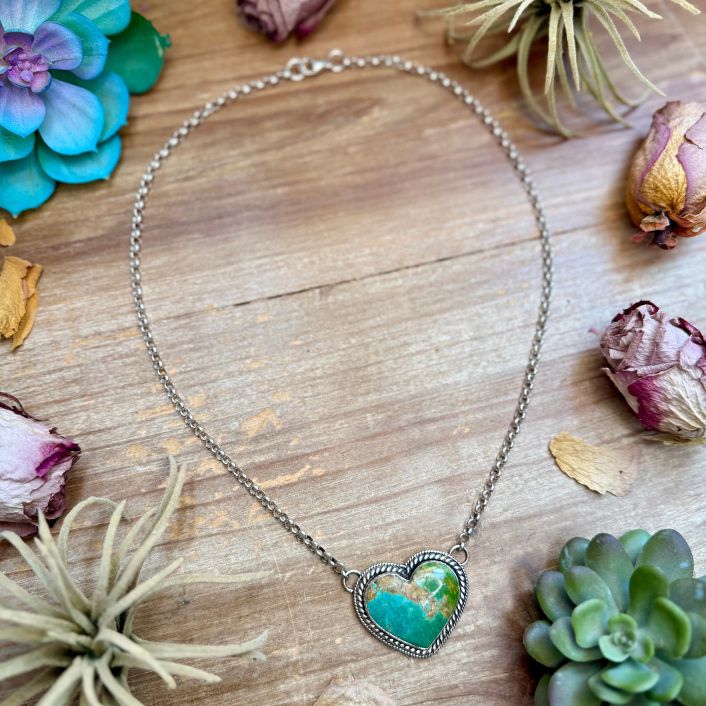 101 - Sterling Silver Kingman Turquoise Heart Bar Necklace by Jason Ogg