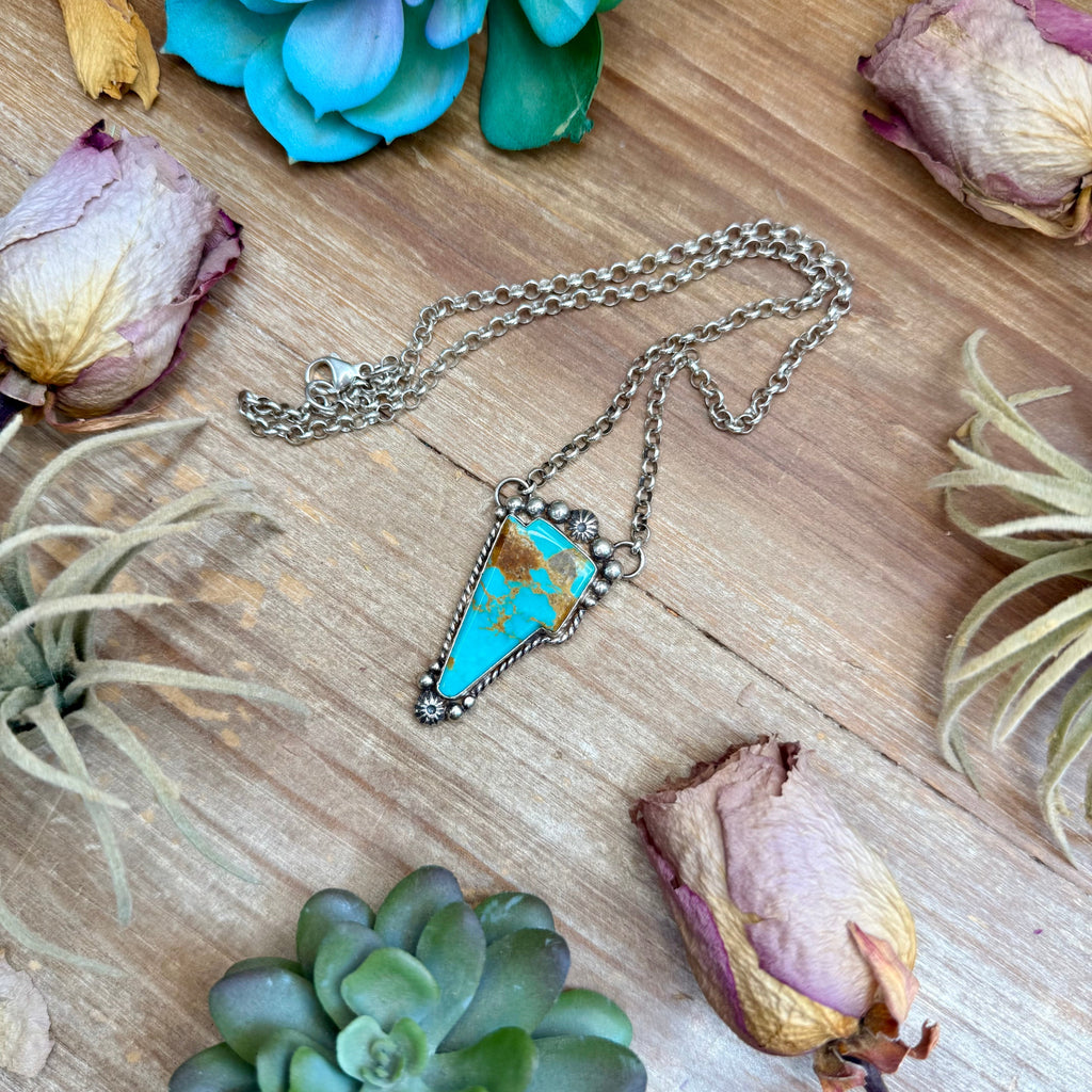 106 - Sterling Silver Kingman Turquoise Lightning Bolt Fixed Chain Necklace by Jason Ogg