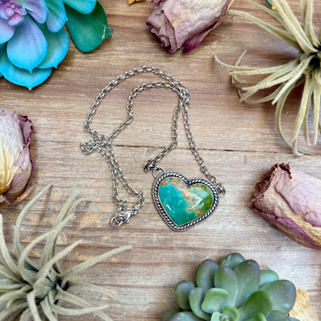 101 - Sterling Silver Kingman Turquoise Heart Bar Necklace by Jason Ogg