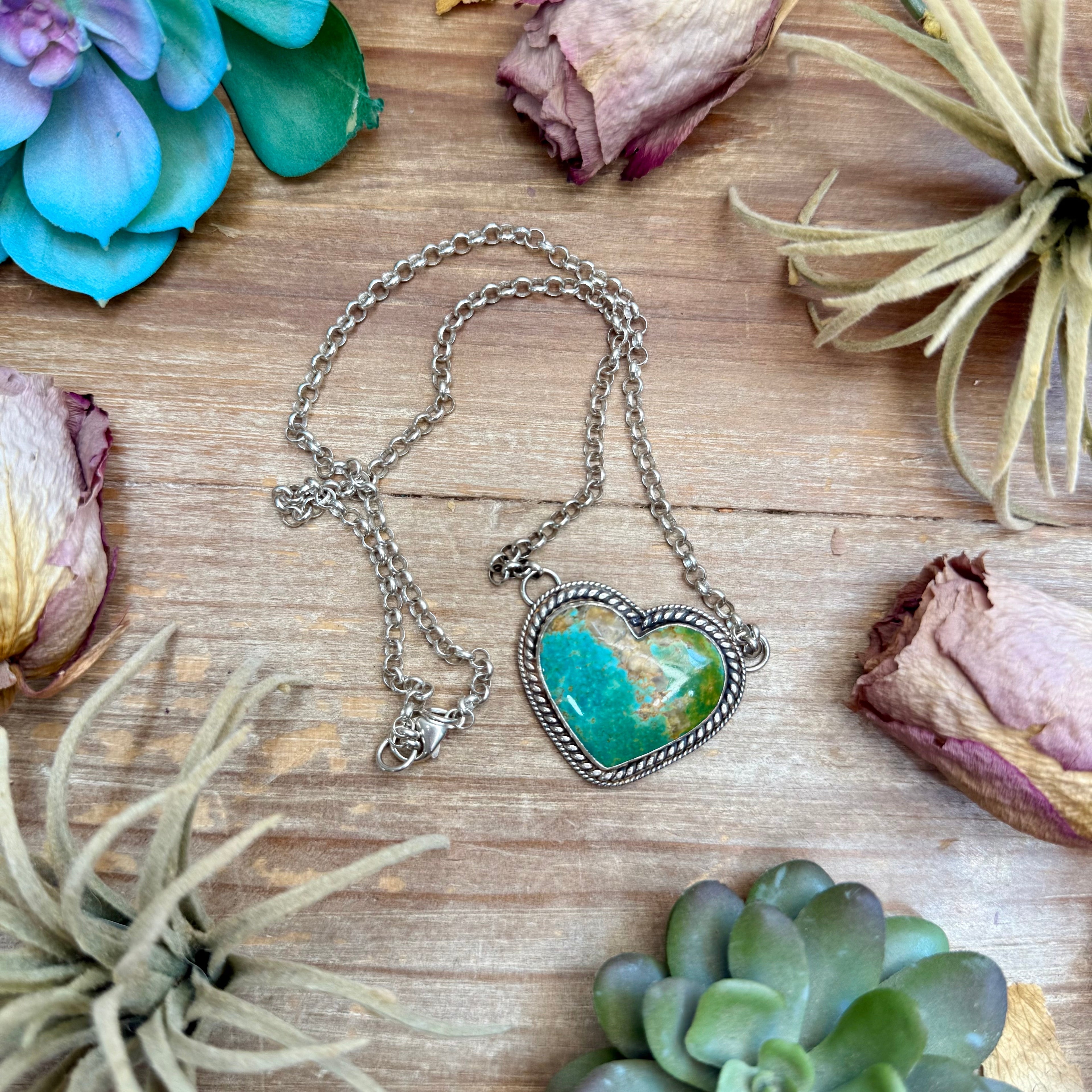 101 - Sterling Silver Kingman Turquoise Heart Bar Necklace by Jason Ogg