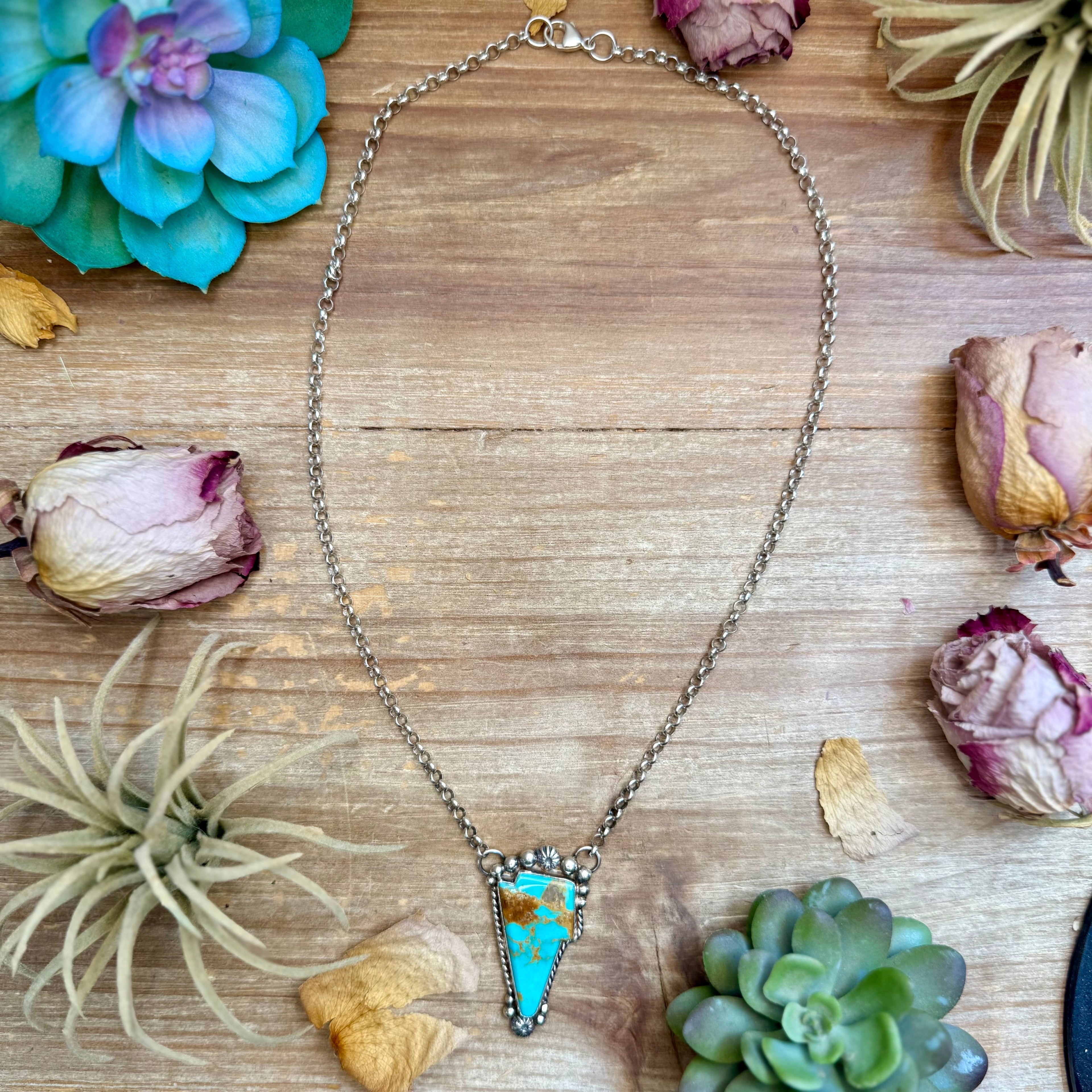 106 - Sterling Silver Kingman Turquoise Lightning Bolt Fixed Chain Necklace by Jason Ogg