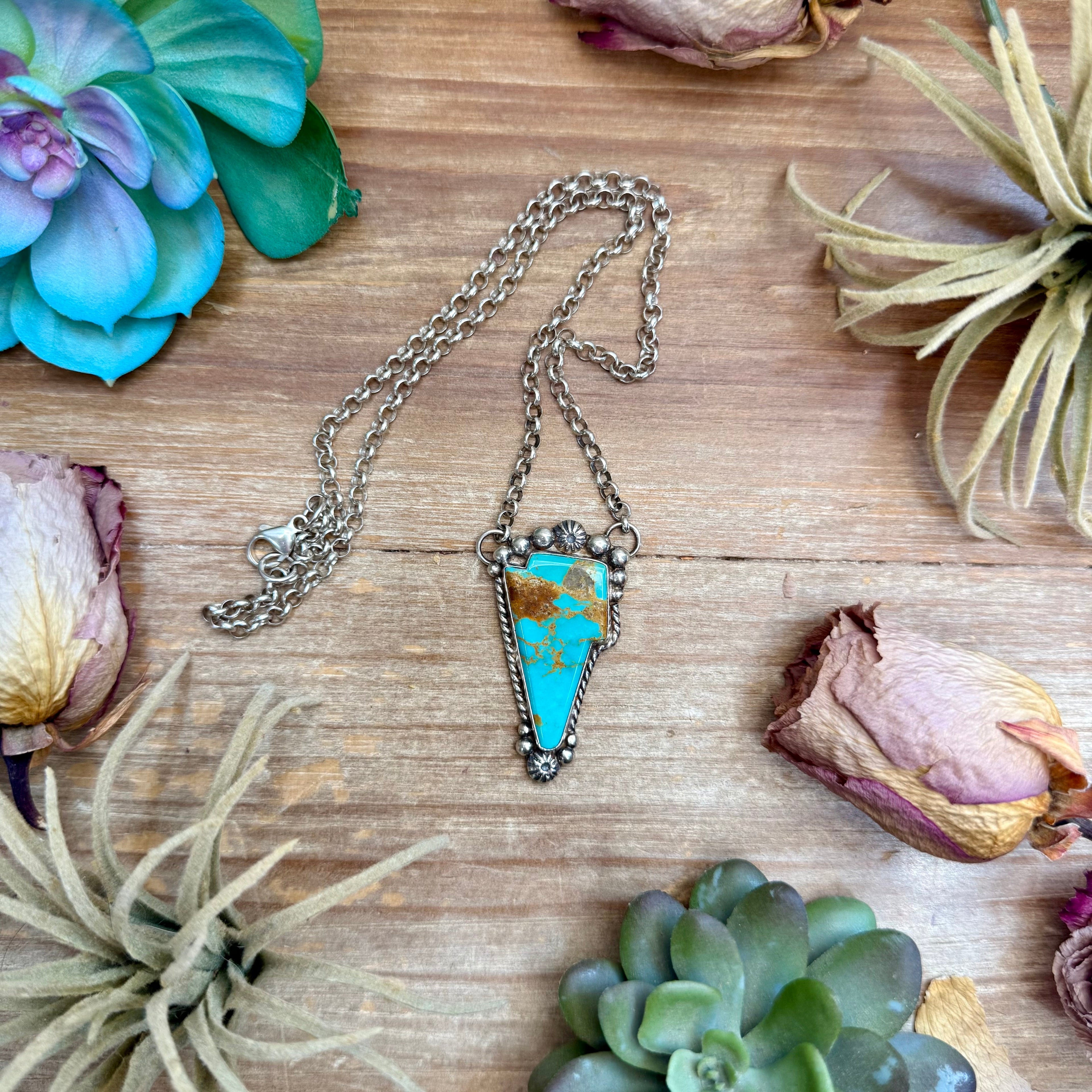 106 - Sterling Silver Kingman Turquoise Lightning Bolt Fixed Chain Necklace by Jason Ogg