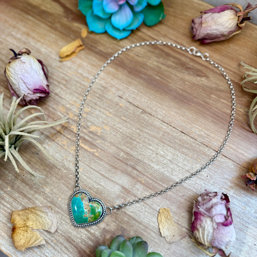 101 - Sterling Silver Kingman Turquoise Heart Bar Necklace by Jason Ogg