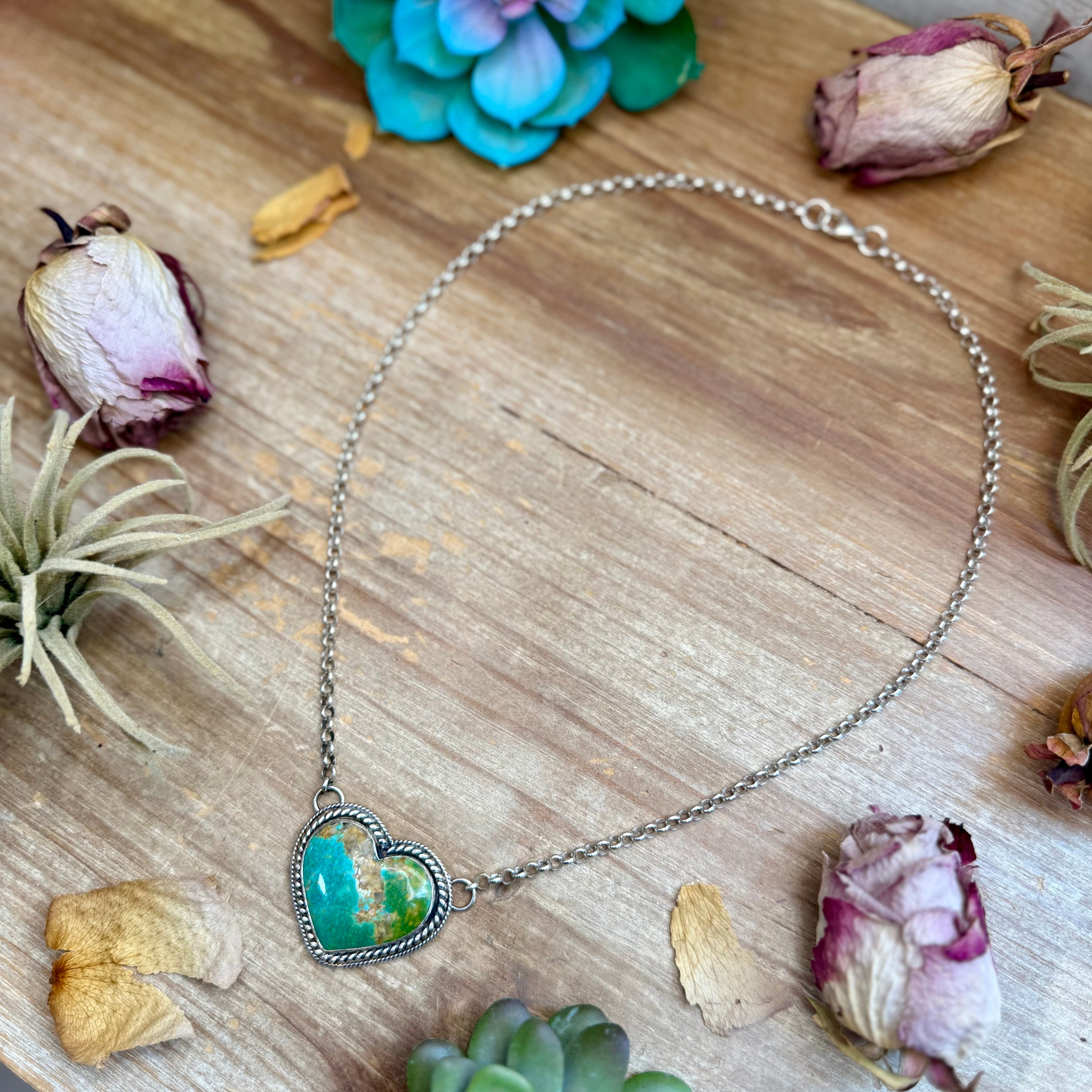 101 - Sterling Silver Kingman Turquoise Heart Bar Necklace by Jason Ogg