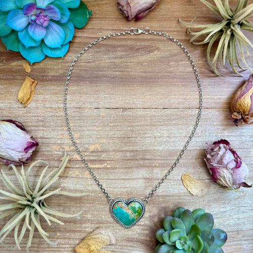 101 - Sterling Silver Kingman Turquoise Heart Bar Necklace by Jason Ogg