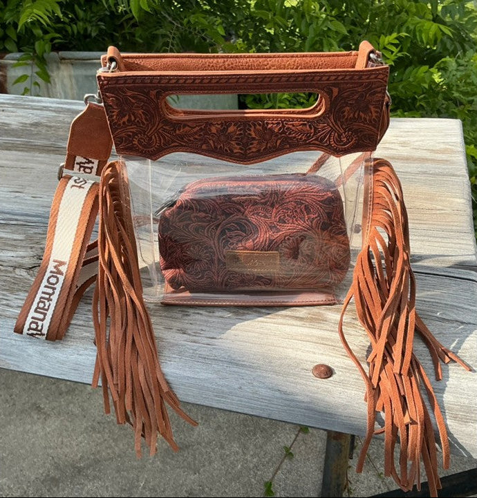 Brown Clear Leather Purse with Fringe and Coin Purse