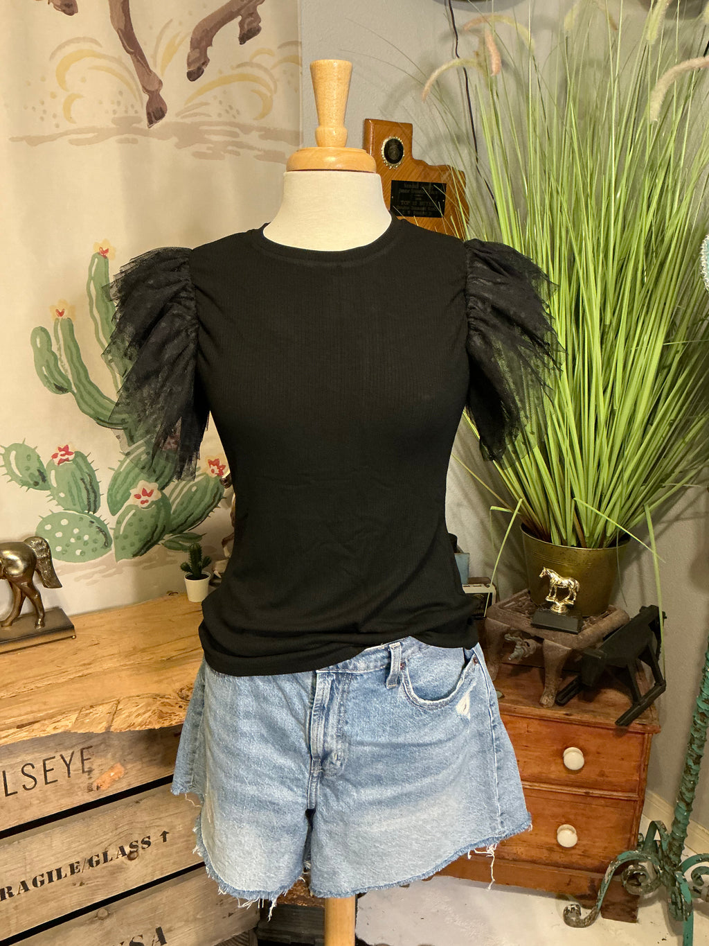 Black Tulle Sleeve Shirt