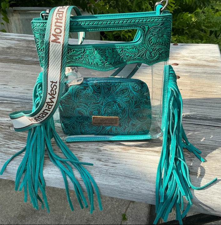 Turquoise Clear Leather Purse with Fringe and Coin Purse